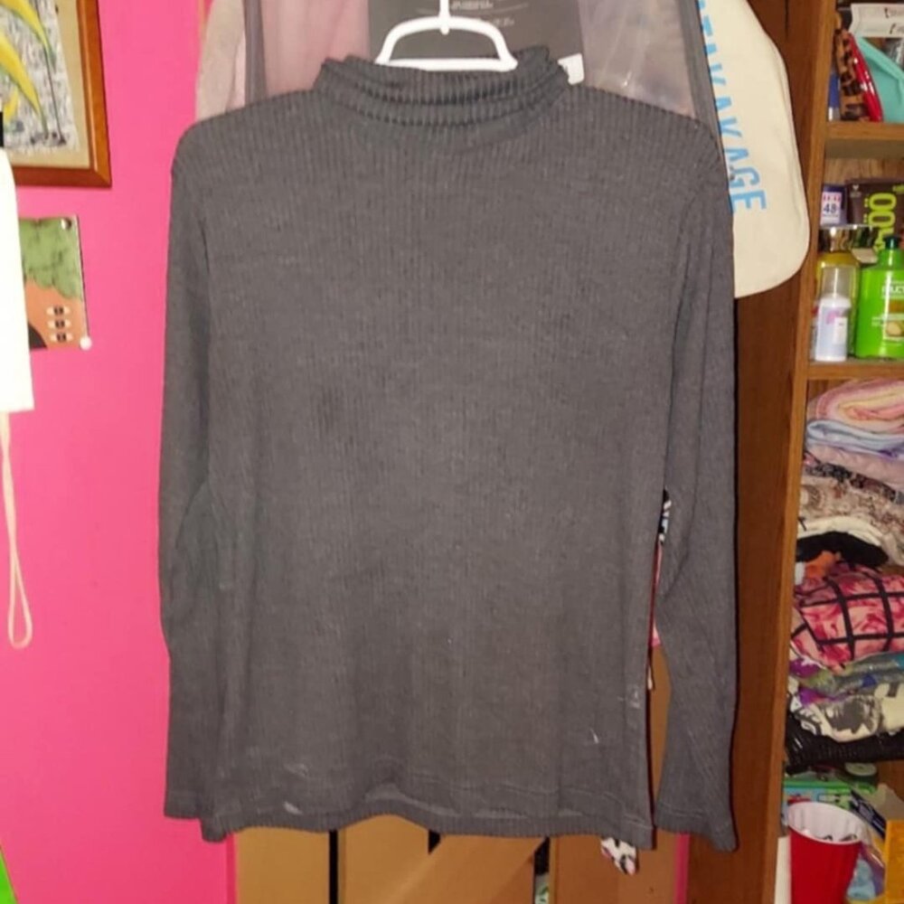 Charcoal grey / off black vertical rib turtleneck long sleeve top
